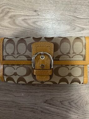 Coach Tan Logo Canvas Wallet with Gold Buckle